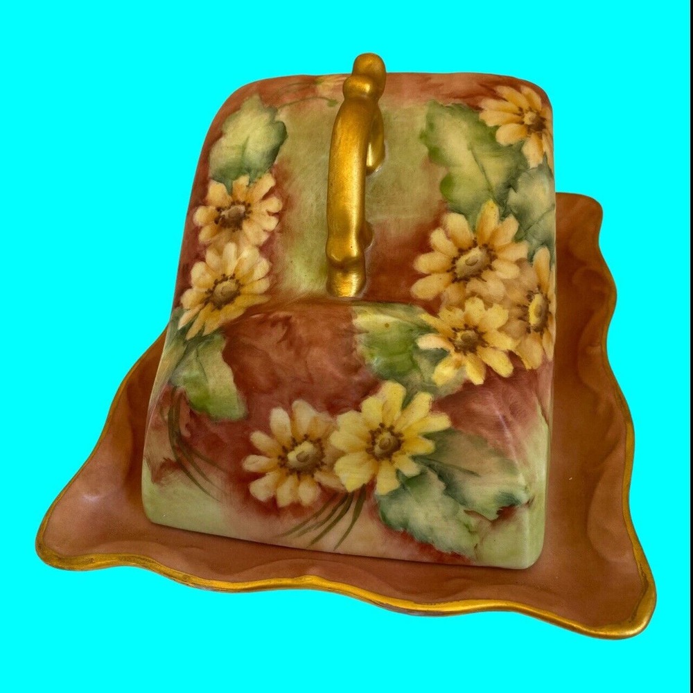 Vtg Butter Dish Cheese Dish 2 Piece Hand Decorated Sun Flowers Ceramic